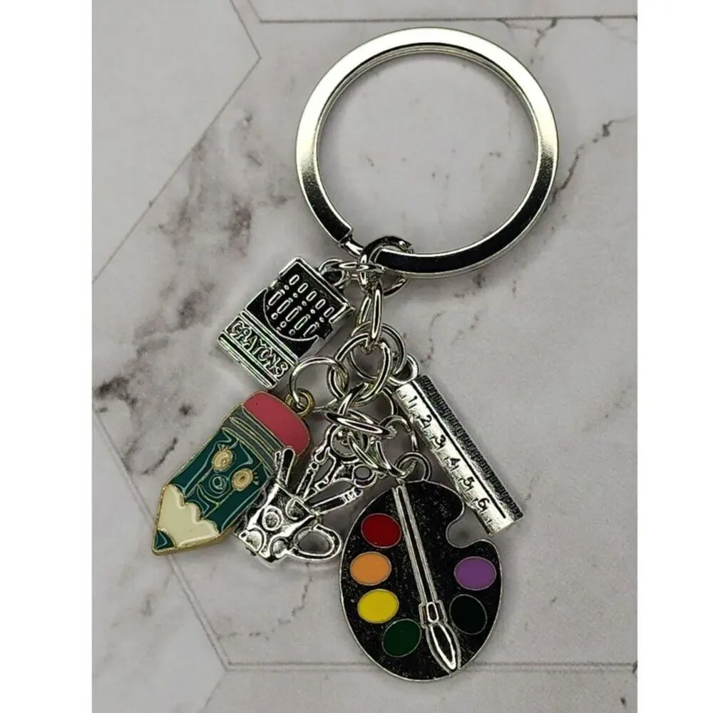 School Teacher Art Bag Charm Keychain Crayons Ruler Paints Pencil Silver Tone